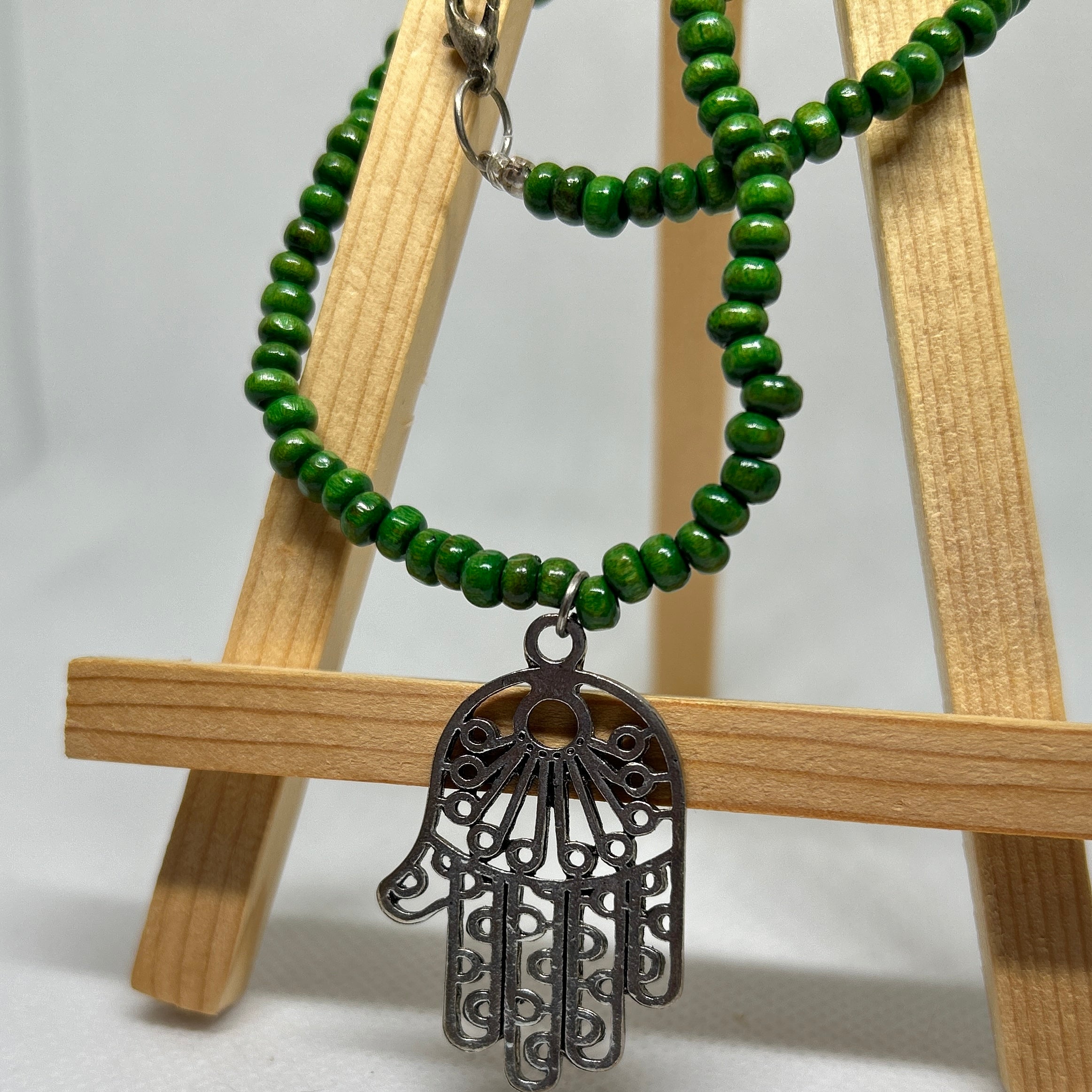 Forest Green Wooden Beaded Silver Fatima Hand Pendant Necklace