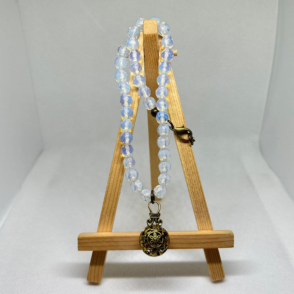Opalite Moonstone Style Beaded Filigree Locket Pendant Necklace
