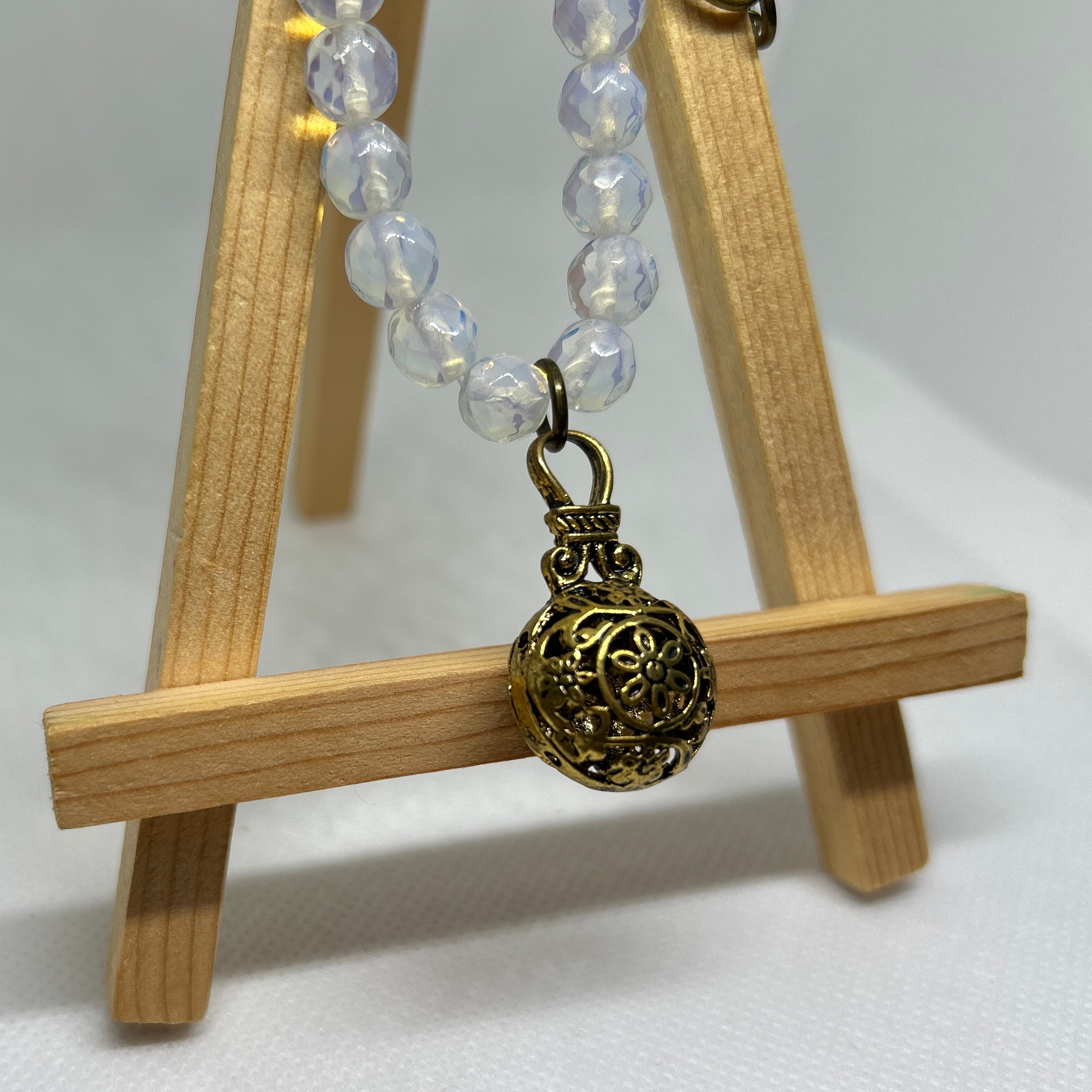 Opalite Moonstone Style Beaded Filigree Locket Pendant Necklace