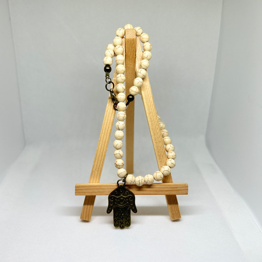 White Howlite Turquoise Fatima Hand Pendant Beaded Necklace
