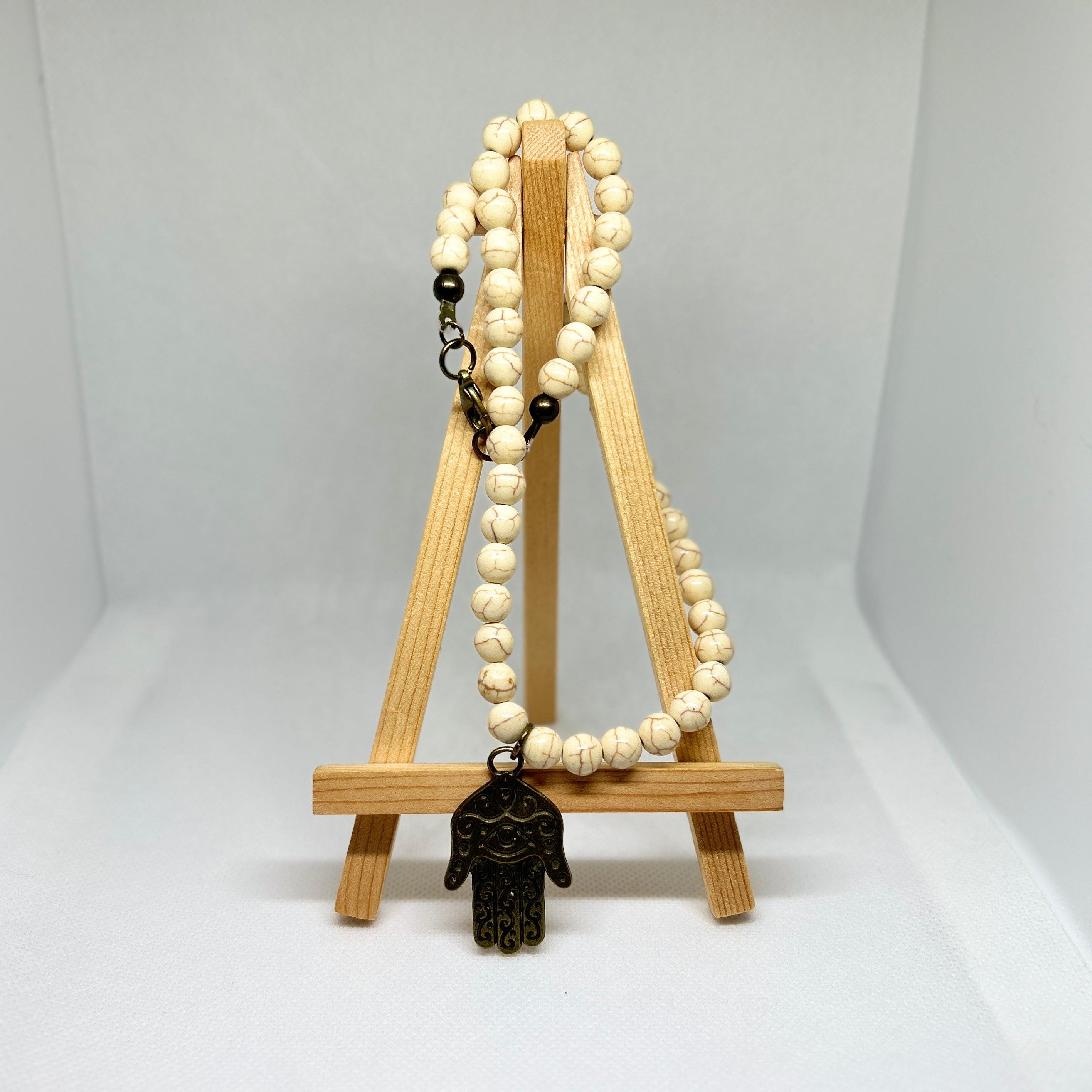 White Howlite Turquoise Fatima Hand Pendant Beaded Necklace