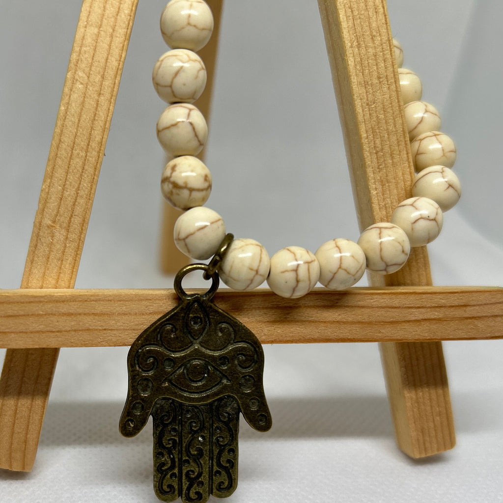 White Howlite Turquoise Fatima Hand Pendant Beaded Necklace