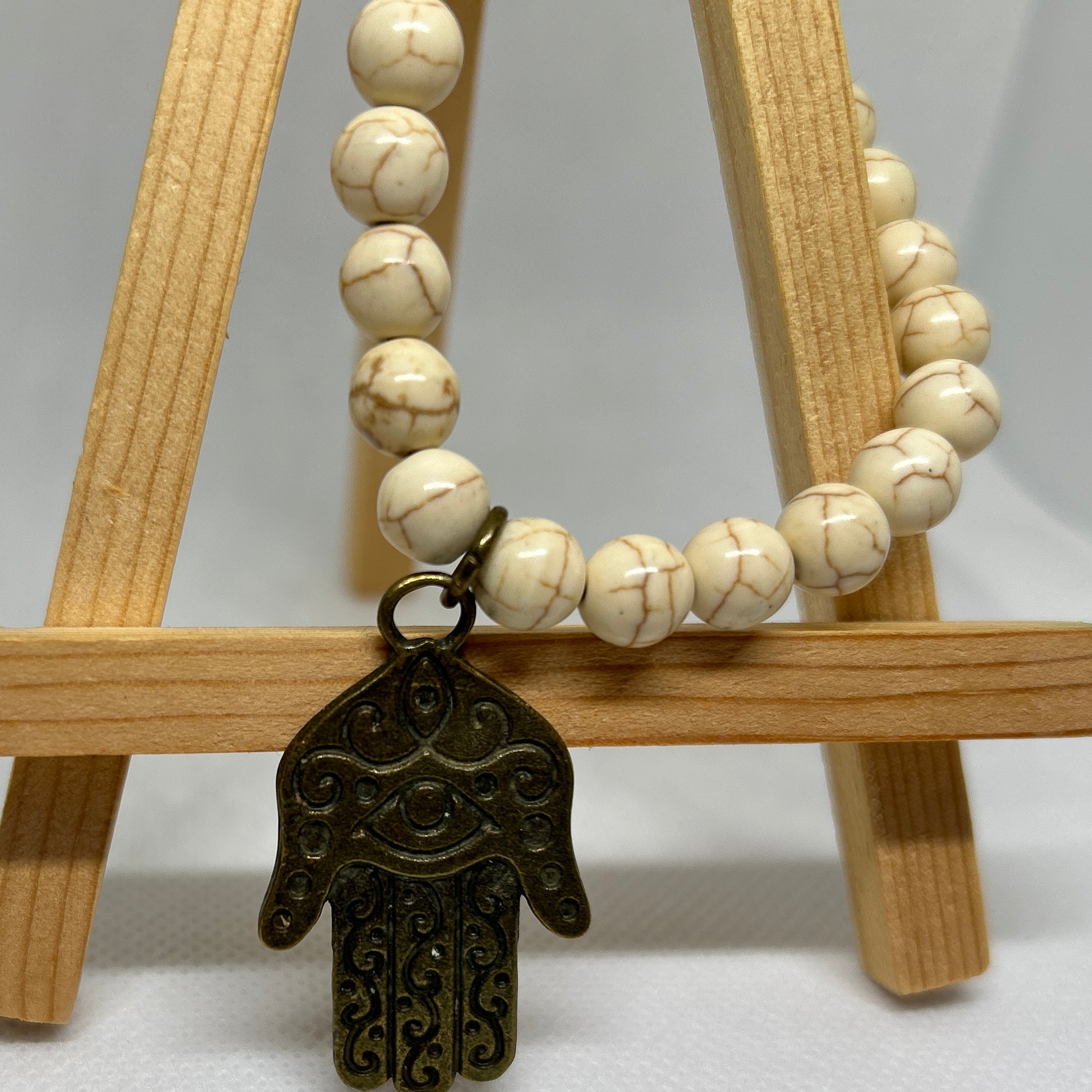 White Howlite Turquoise Fatima Hand Pendant Beaded Necklace