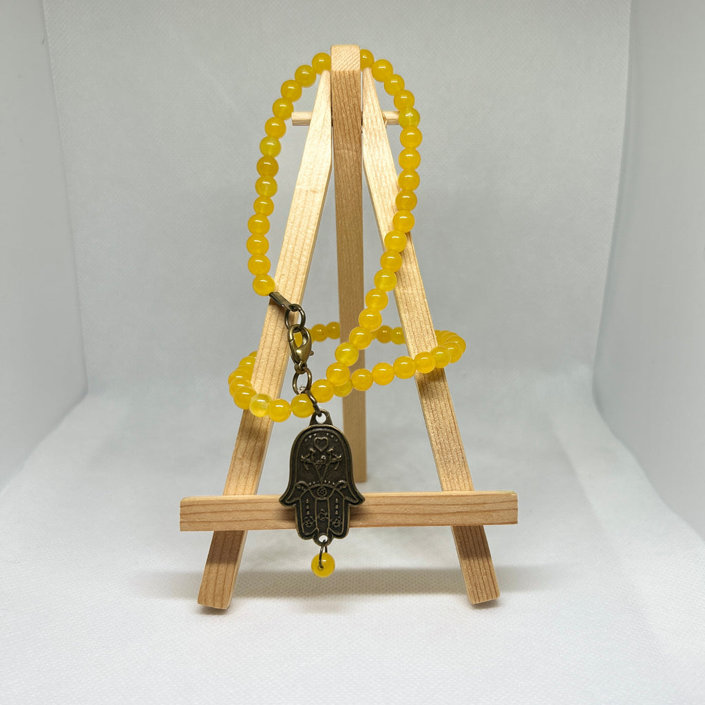 Yellow Jade Fatima Hand Pendant Beaded Necklace