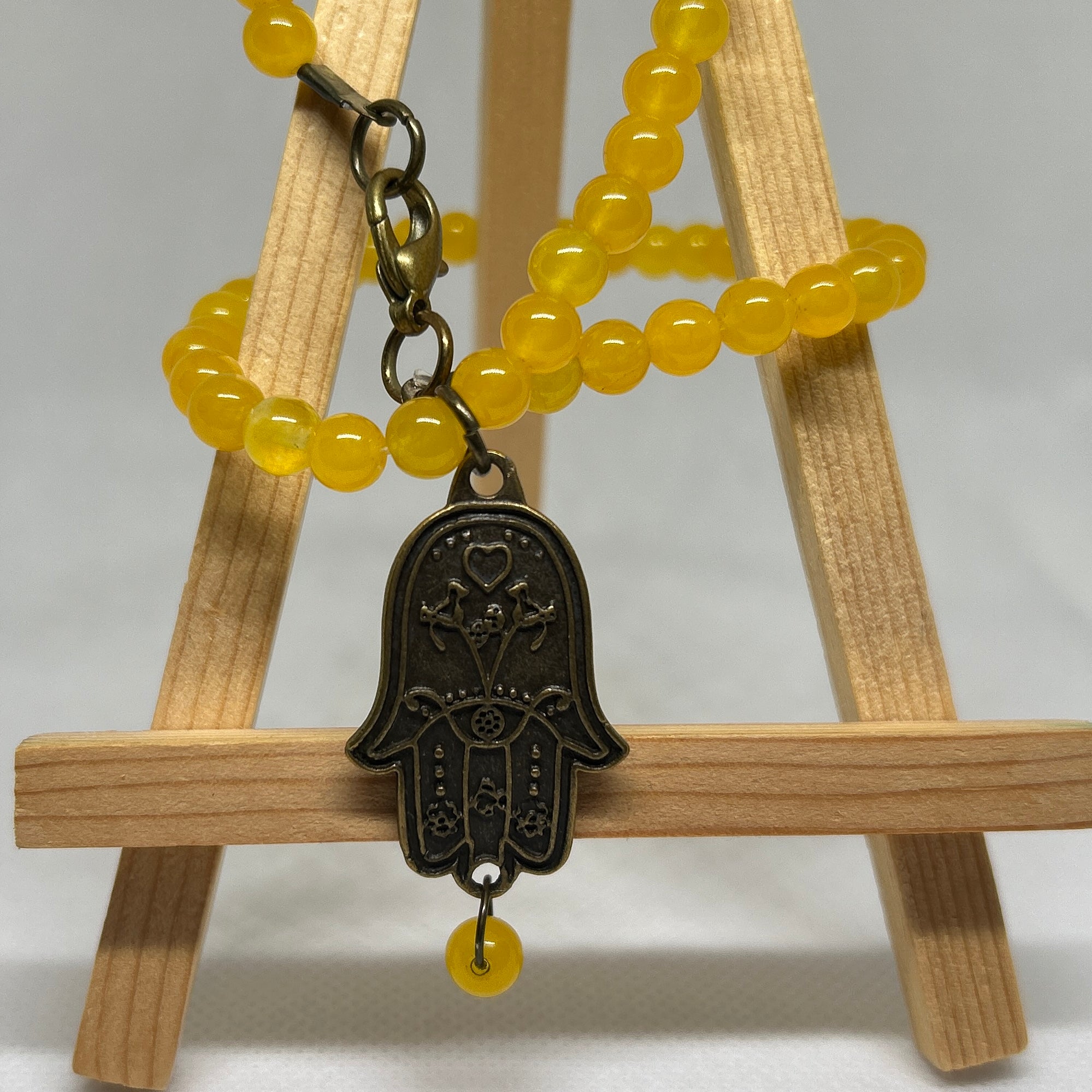 Yellow Jade Fatima Hand Pendant Beaded Necklace