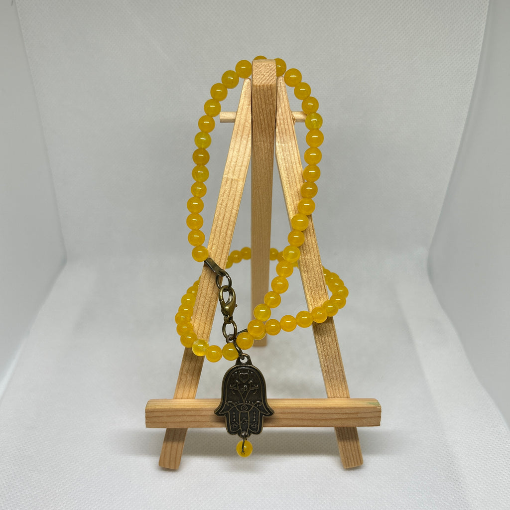 Yellow Jade Fatima Hand Pendant Beaded Necklace