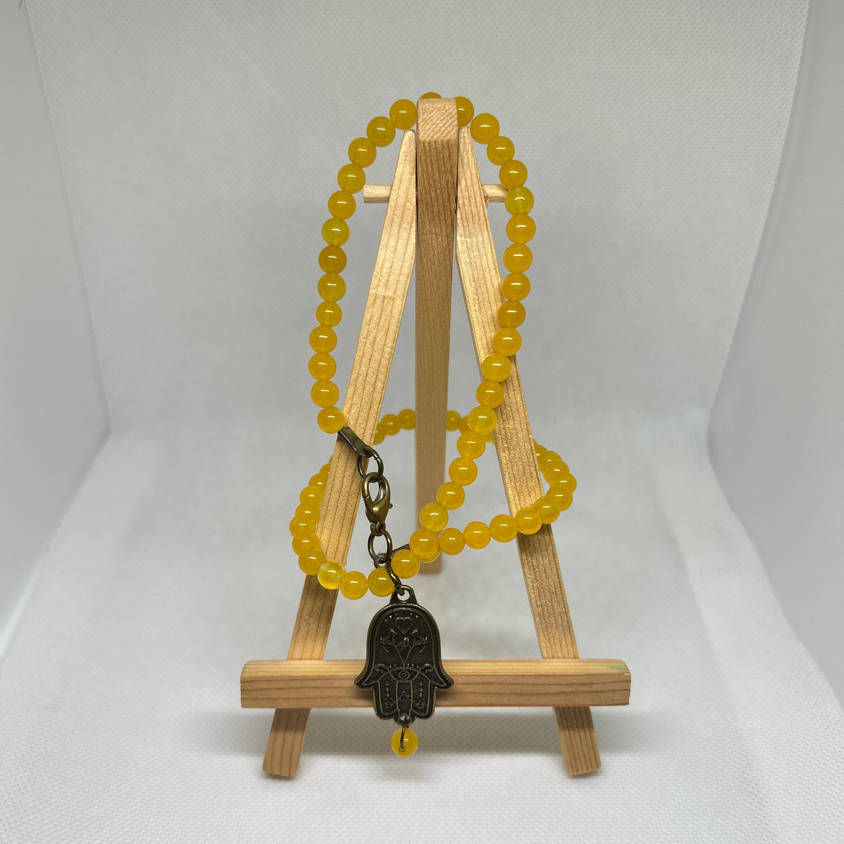 Yellow Jade Fatima Hand Pendant Beaded Necklace