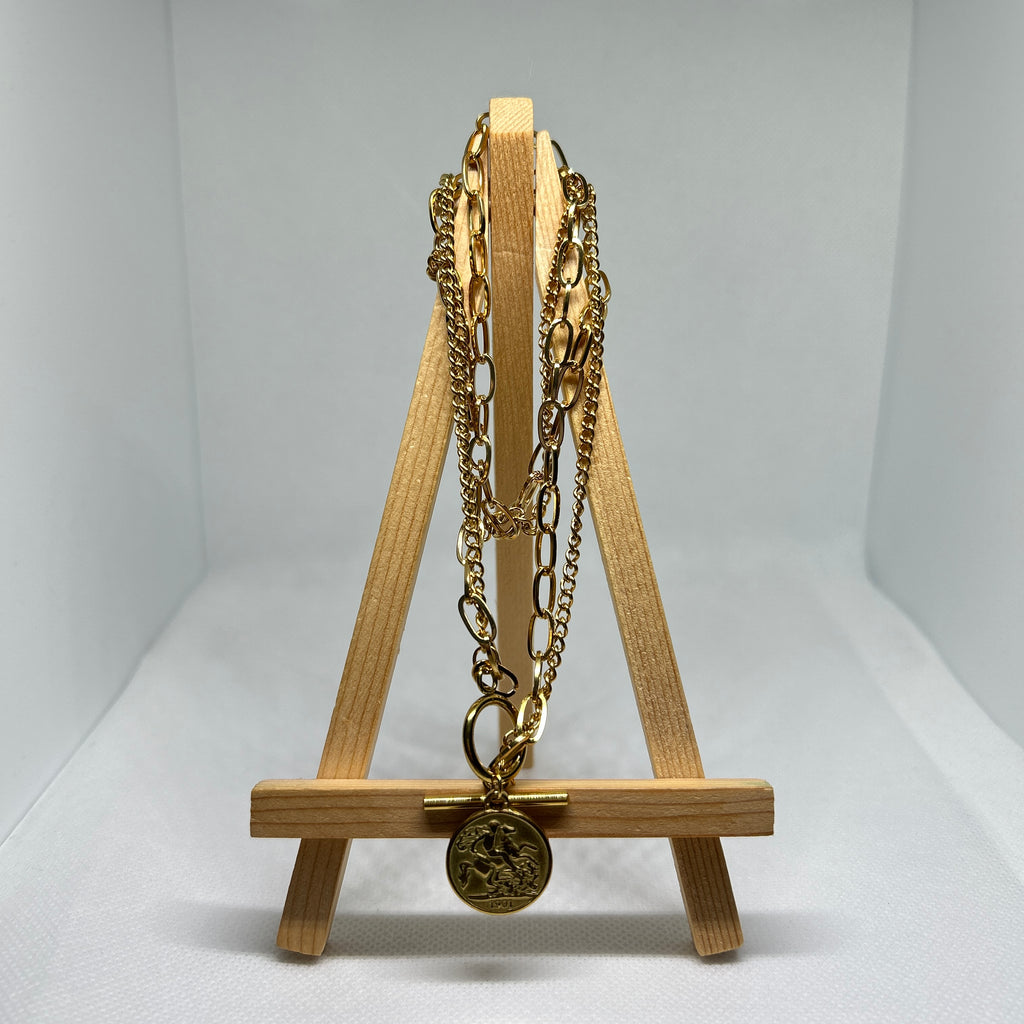 Gold Multi Chain Necklace with St George Coin & T-Bar