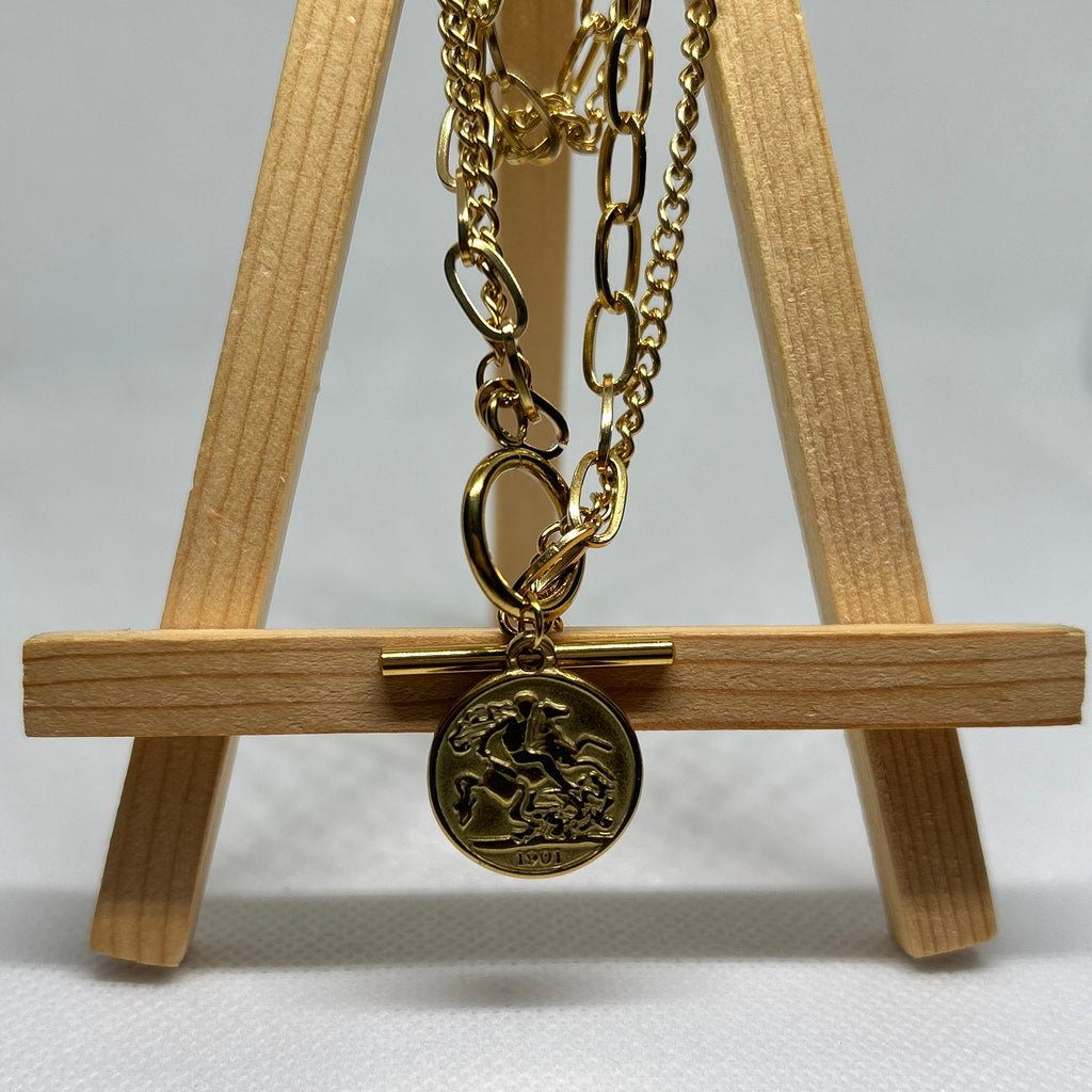 Gold Multi Chain Necklace with St George Coin & T-Bar