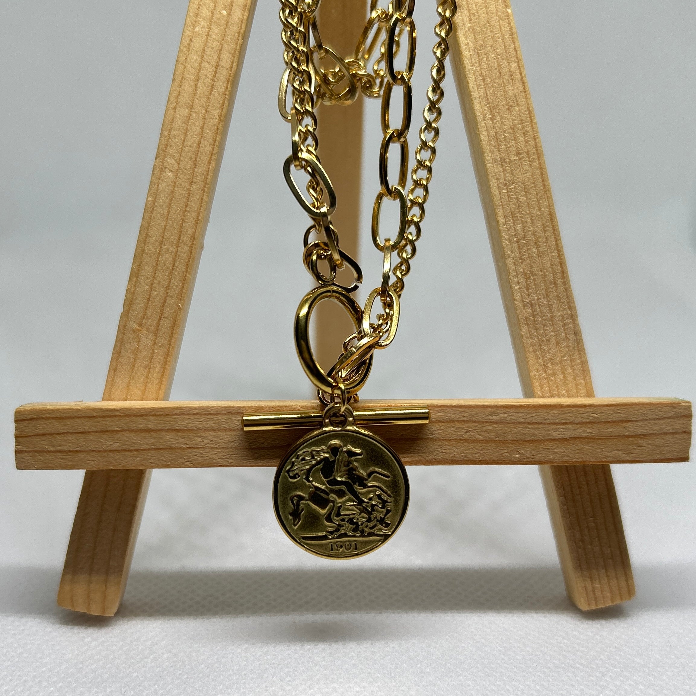 Gold Multi Chain Necklace with St George Coin & T-Bar